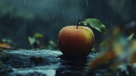 A serene close-up of a vibrant red apple, adorned with raindrops, perched on a rain-drenched log amidst lush foliage, offering a calming glimpse into nature's beauty.の素材