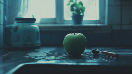 A fresh green apple with water droplets sits on a kitchen counter, showcasing a serene ambiance filled with natural light and a potted plant in the background.の素材
