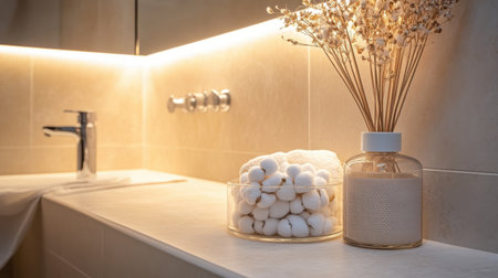 A beautifully designed bathroom space showcasing a modern sink, soft lighting, and natural decor elements, creating a serene and elegant atmosphere for relaxation and comfort.の素材