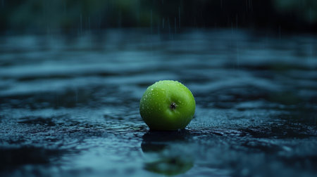 A bright green apple sits on a reflective water surface, glistening with rain droplets. The scene captures a tranquil moment of nature's beauty and freshness.の素材