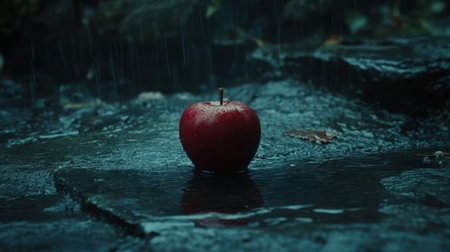 A striking red apple rests on a wet stone surface, illuminated by gentle rainfall. This image evokes a sense of natural beauty, tranquility, and freshness.の素材