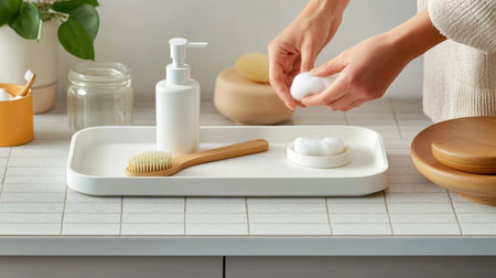 Discover a serene spa setting featuring skincare products, cotton pads, and a wooden brush, creating a tranquil atmosphere for relaxation and self-care at home.の素材