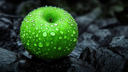 A close-up image of a vibrant green apple adorned with water droplets, resting on a dark stone surface, showcasing a fresh and healthy aesthetic ideal for various themes and projects.の素材