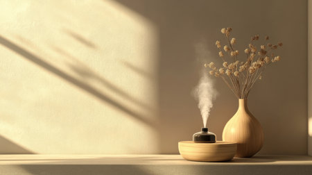 This serene image captures a relaxing aromatherapy scene featuring a black diffuser releasing gentle vapor next to a minimalist vase of dried flowers, creating a calming atmosphere.の素材