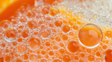 A vivid close-up of bubbles forming on an orange surface, showcasing the interplay of texture and color in a refreshing beverage that evokes feelings of summer and freshness.の素材