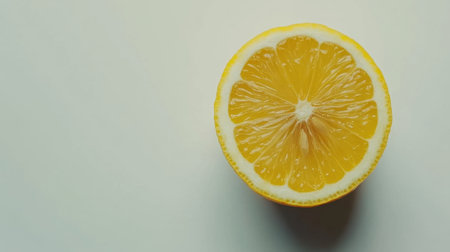 A vibrant and juicy lemon slice rests on a light background, highlighting the fresh, bright yellow color and perfect for culinary, health, or beverage themes in creative projects.の素材