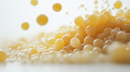 This image features a stunning arrangement of yellow pearls floating against a soft background, showcasing beautiful light patterns and abstract textures perfect for various creative projects.の素材