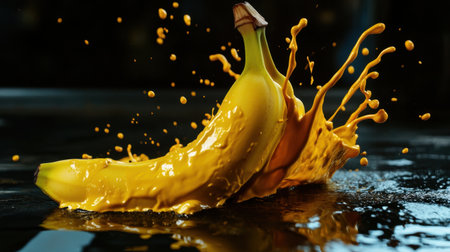 An eye-catching capture of a banana splashing in vibrant yellow, showcasing creativity and dynamic energy with dramatic lighting for stunning visual appeal.の素材
