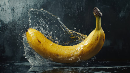 A vibrant yellow banana splashes into water, creating a dynamic and eye-catching image that highlights the freshness and juiciness of this popular tropical fruit.の素材