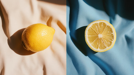 This image showcases a fresh lemon and its sliced half against soft cream and blue textures, highlighting vibrant colors and inviting natural lighting suitable for culinary applications.の素材