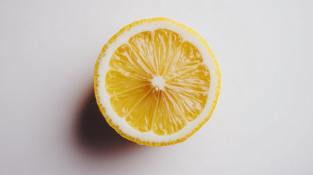 A vibrant half lemon showcasing its juicy interior, perfect for food and beverage themes. Ideal for educational, culinary, and health-related visuals.の素材