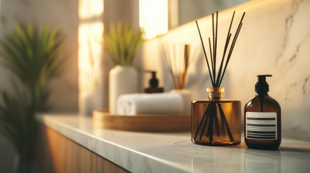 A beautifully arranged bathroom scene featuring a reed diffuser and soap dispenser against a marble countertop, complemented by soft natural light, creating a serene and elegant atmosphere.の素材