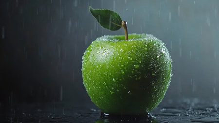 A stunning close-up of a fresh green apple garnished with a leaf, glistening with raindrops, showcasing nature's beauty in a minimalistic and refreshing composition.の素材
