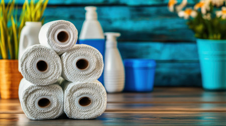 This image showcases a neat stack of white paper towels on a wooden table surrounded by colorful cleaning supplies and greenery, creating a fresh and inviting atmosphere.の素材