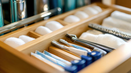 A beautifully organized bathroom drawer showcasing essentials like toothbrushes, towels, and combs. Ideal for promoting cleanliness and minimalistic design in home spaces.の素材