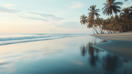 A stunning tropical beach scene features palm trees along the shoreline, reflecting calm waters and a serene sunrise. A perfect escape for tranquility and natural beauty.の素材