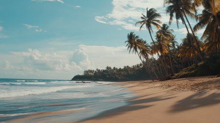 Explore a stunning tropical beach scene featuring golden sand, swaying palm trees, and gentle ocean waves. A perfect destination for relaxation and nature lovers.の素材