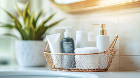 A beautifully arranged bathroom counter showcasing skincare products, soft towels, and a lush green plant, creating a tranquil and organized atmosphere ideal for self-care.の素材