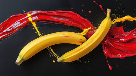 Two vibrant yellow bananas rest against a dynamic background of red and yellow paint splashes, creating an eye-catching and artistic visual perfect for various creative projects.の素材