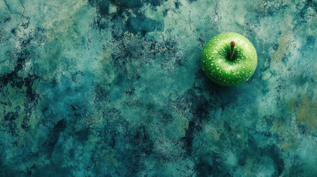 This image features a bright green apple resting on a textured blue-green background, showcasing the apple's freshness and natural allure in a minimalist composition.の素材