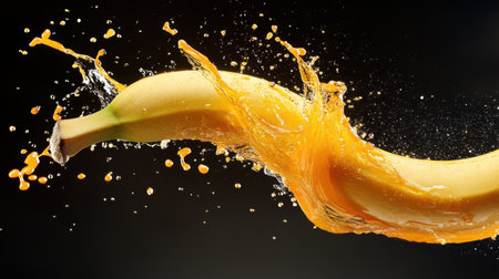 A stunning image of a banana surrounded by vibrant orange juice, creating an energetic splash. The contrasting colors and dynamic movement highlight freshness and creativity in food photography.の素材