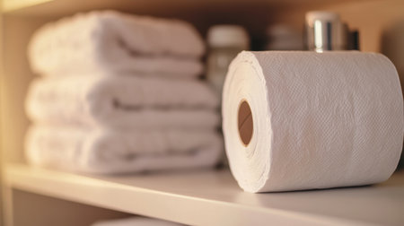 A well-organized bathroom shelf featuring soft white towels and a roll of toilet paper, creating a clean and inviting atmosphere ideal for home hygiene needs.の素材