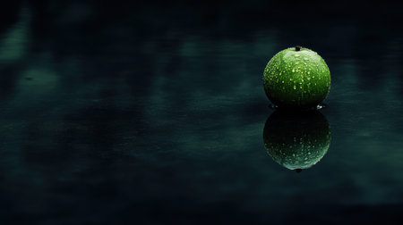 A solitary green apple glistens with water droplets against a dark surface, capturing the essence of freshness and simplicity in a captivating minimalist composition.の素材