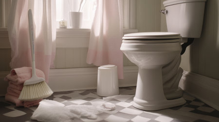 A bright and clean bathroom setting featuring essential cleaning tools, soft textiles, and natural light, perfect for conveying cleanliness, organization, and a welcoming home atmosphere.の素材