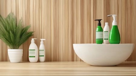 A serene bathroom scene showcasing an assortment of personal care products in green bottles, set against a warm wooden backdrop. Ideal for wellness and spa concepts.の素材