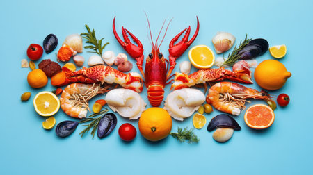 This striking image showcases a vibrant assortment of fresh seafood, featuring lobster and shrimp, complemented by bright citrus fruits against a soothing blue background.の素材