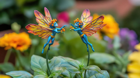 Two whimsical fairy figurines with colorful wings are joyfully interacting in a lush garden, surrounded by blooming flowers and vibrant greenery, creating a magical atmosphere.の素材