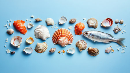 A vibrant composition featuring a fresh fish surrounded by a variety of sea shells on a calming blue backdrop, ideal for marine-themed projects and culinary inspirations.の素材