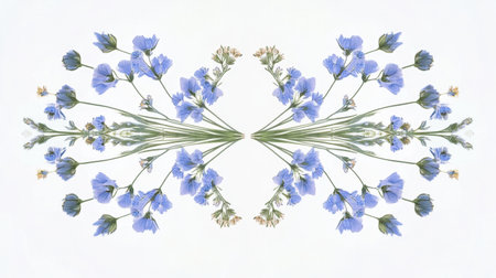 Beautifully arranged blue flowers create a captivating symmetrical design, perfect for nature lovers and decorative projects, evoking a sense of tranquility and elegance.の素材