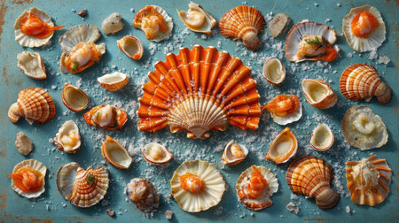 A vibrant display of fresh shellfish arranged on a rustic blue backdrop, embellished with fine sea salt, perfect for highlighting natural beauty and culinary inspiration.の素材