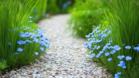 A beautiful garden pathway adorned with delicate blue flowers and lush green grass, inviting visitors to enjoy a tranquil and serene outdoor experience in nature.の素材