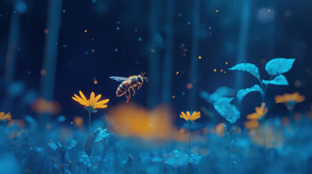 A stunning image showcasing a honey bee hovering near a vibrant yellow flower, capturing the essence of nature's beauty in an enchanting twilight blue atmosphere.の素材