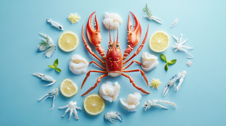A visually appealing arrangement of fresh lobster alongside various seafood, lemon slices, and herbs on a light blue background, showcasing the essence of culinary delights.の素材