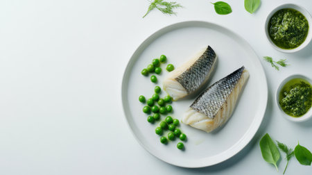 A beautifully arranged plate featuring freshly cooked fish fillets paired with green peas and a vibrant herb sauce, perfect for inspiring healthy culinary dishes.の素材