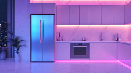 Sleek modern kitchen showcasing vibrant LED lighting, stainless steel appliances, and minimalist design, perfect for contemporary urban living and stylish home spaces.の素材