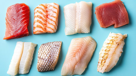 A stunning array of fresh sushi cuts laid out on a vibrant blue background, showcasing the delectable colors and textures of high-quality seafood, perfect for food publications.の素材