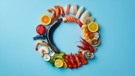 A vibrant arrangement of fresh seafood including shrimp, lobster, and scallops, beautifully displayed with citrus fruits against a blue background, ideal for culinary inspiration.の素材