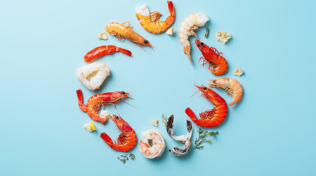 A visually appealing arrangement of assorted fresh seafood including shrimp and prawns showcases vibrant colors on a light blue background, perfect for culinary inspiration and food photography.の素材