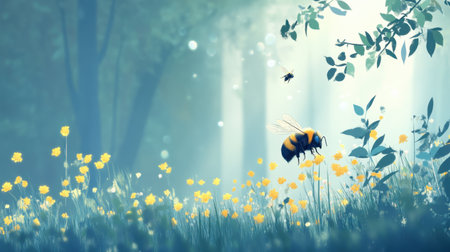 A tranquil scene depicting bees hovering around bright yellow flowers in a dreamy forest meadow, capturing the essence of nature's beauty in a soft, atmospheric light.の素材