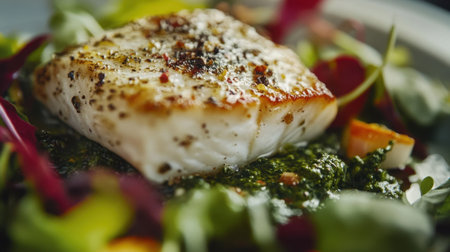 A beautifully grilled fish fillet garnished with herbs, resting on a bed of fresh greens. Perfect for food photography, promoting healthy eating and vibrant culinary presentations.の素材