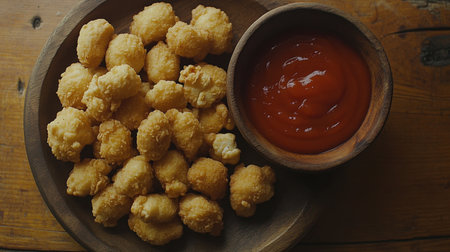 Enjoy a plate of crispy golden fried nuggets accompanied by a rich ketchup dip, perfect for satisfying cravings or sharing at gatherings and celebrations.の素材
