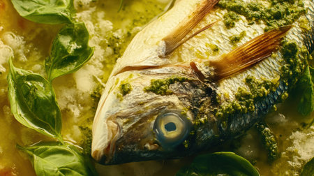 A beautifully presented cooked fish topped with fresh basil and surrounded by flavorful sauce, perfect for showcasing culinary artistry in a rustic dining setting.の素材