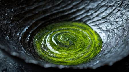 A close-up view of vibrant green oil swirling in a dark, textured bowl, highlighting unique patterns and colors that evoke a sense of natural beauty and culinary creativity.の素材
