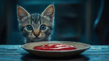 A curious kitten looks at a plate of red sauce with wide eyes, creating a charming scene full of innocence and playfulness on a rustic wooden table.の素材