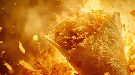 A visually stunning burrito filled with savory ingredients has an explosion of spice and crispy chips, creating a captivating and appetizing culinary scene perfect for food lovers.の素材