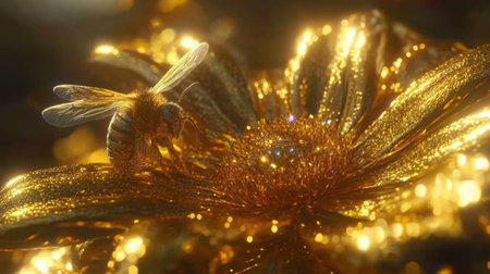 A stunning golden bee rests gracefully on a radiant flower, showcasing intricate details and the enchanting beauty of nature in a captivating, magical setting.の素材
